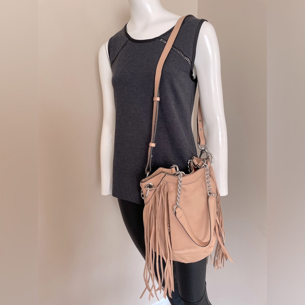 orYANY Tan Almond Malia Fringe Italian Leather Shoulder Bag Handbag Purse Boho
